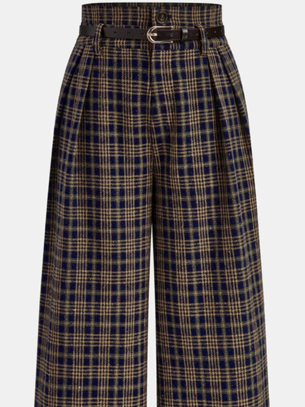 Commense Belted Plaid High-Waisted Pants